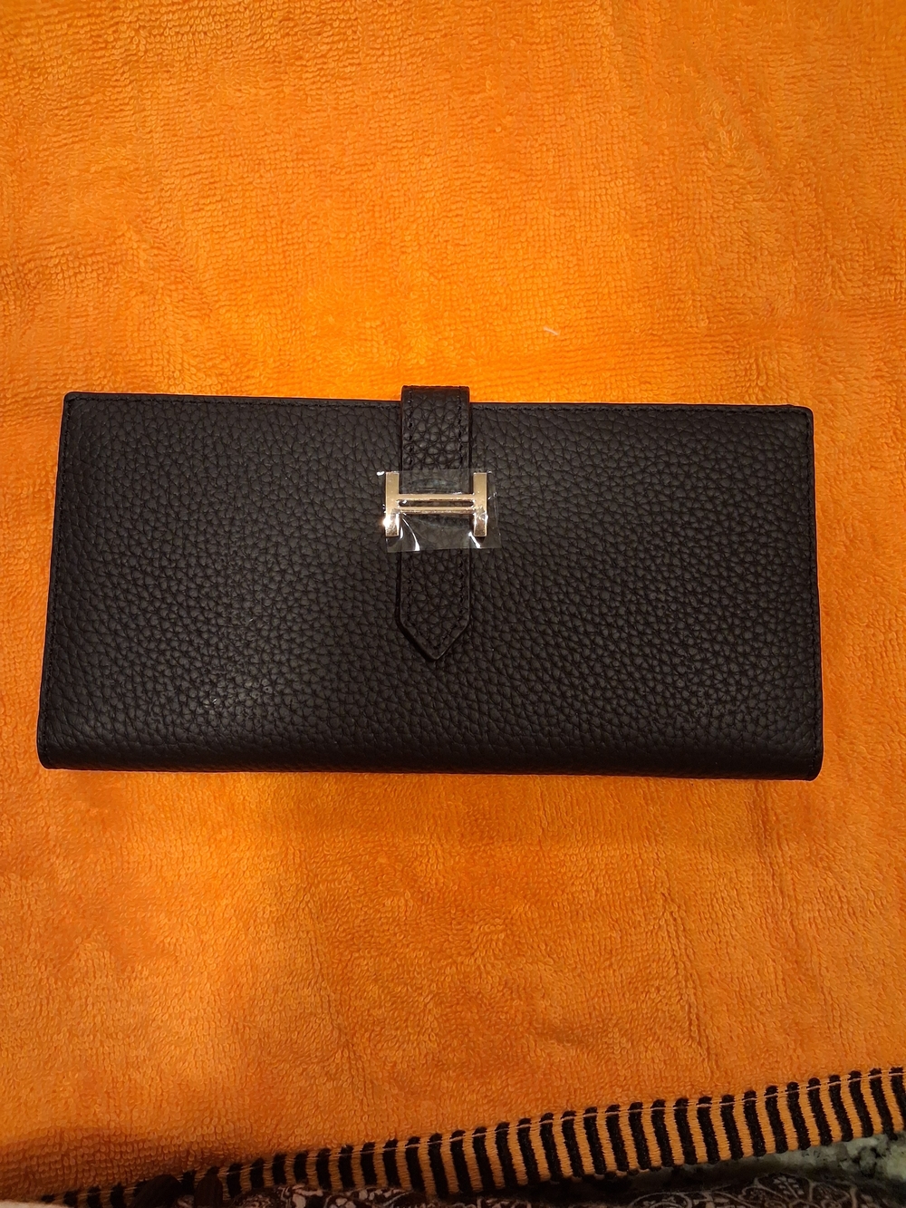 Hermes Black Pebbled Leather Long Wallet with Gold H-Buckle